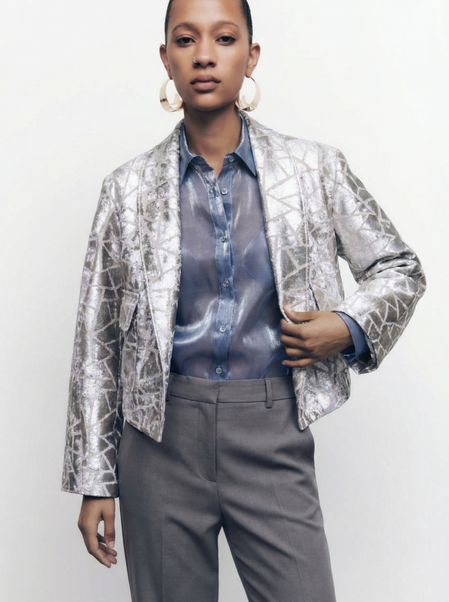 silver blazer dress Silver Night White Sequin Crepe Tuxedo Blazer Dress XS / US 2